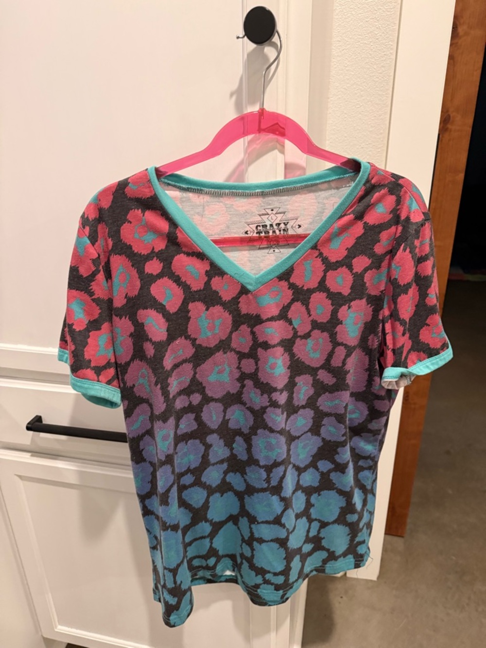 Crazy Train Pink & Teal Leopard V-Neck Tee